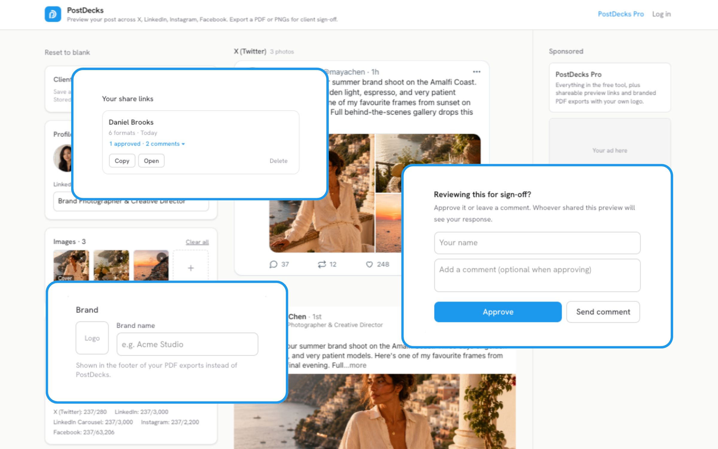 PostDecks Pro: shareable client links with approvals, branded exports, and saved clients